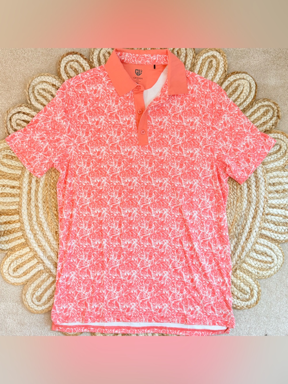 🌾 Graham Luxe Men’s Coral & White Polo Golf Shirt - Performance Shirt